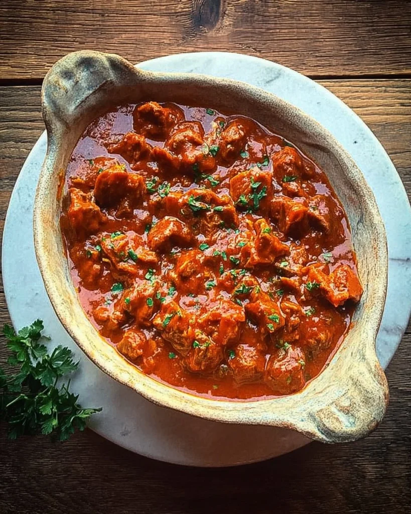 Delicious slow-cooked goat goulash in a rustic bowl with herbs