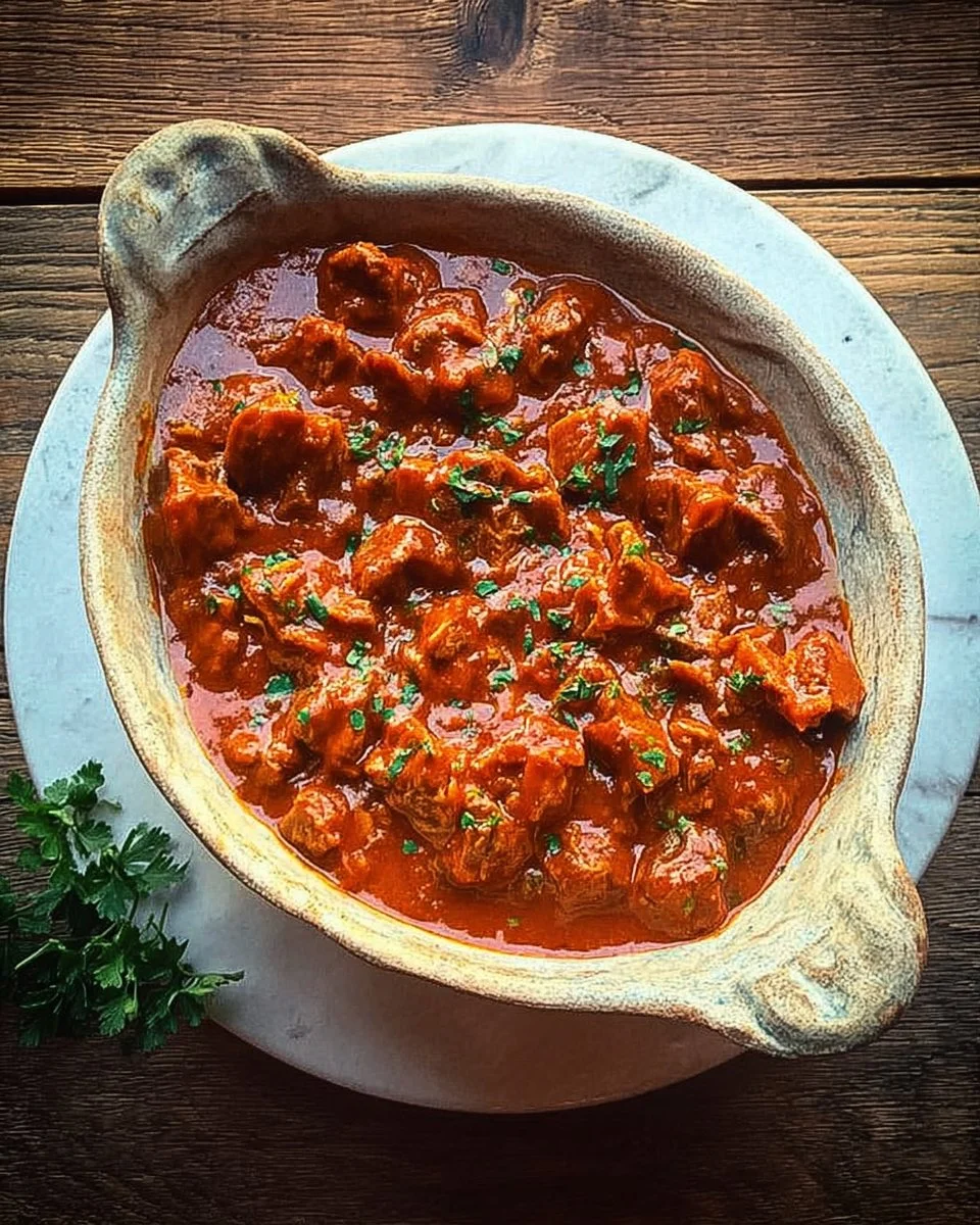 Delicious slow-cooked goat goulash in a rustic bowl with herbs
