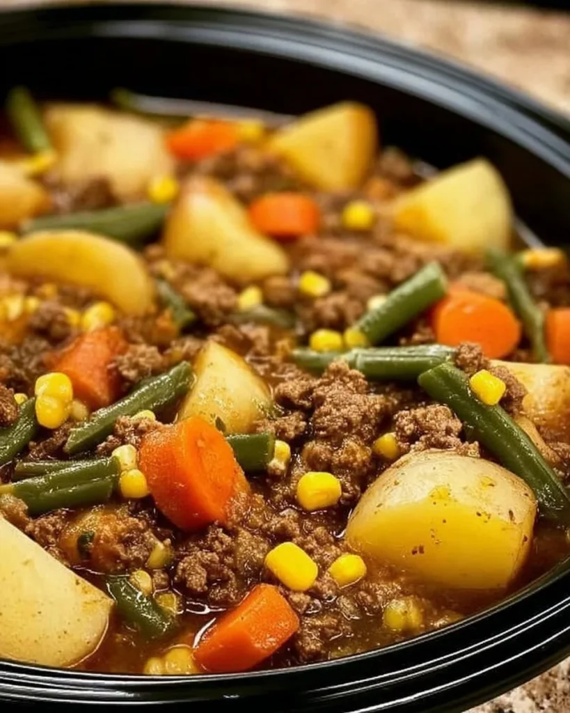 Delicious Slow Cooker Amish Harvest Casserole served in a rustic dish