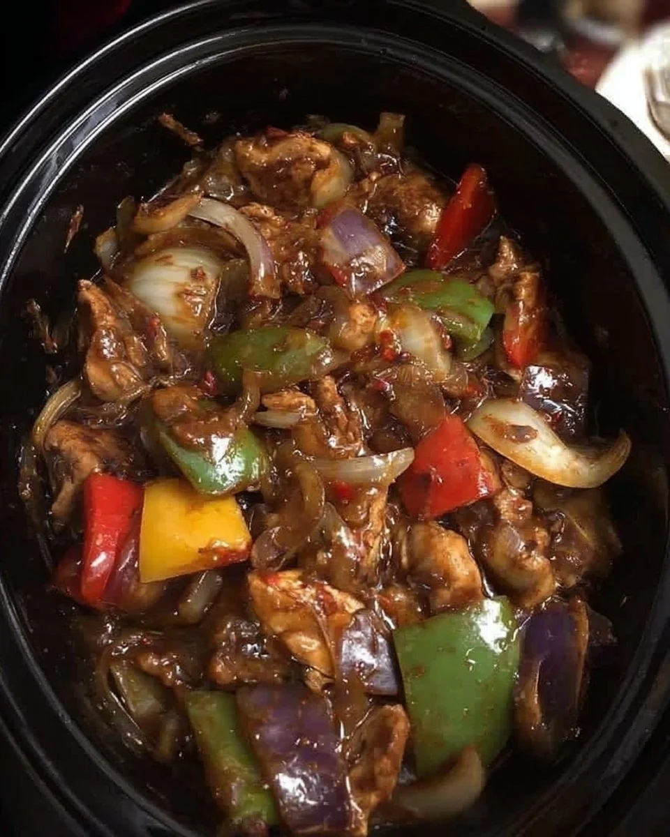 Delicious slow cooker beef in black bean sauce served in a bowl