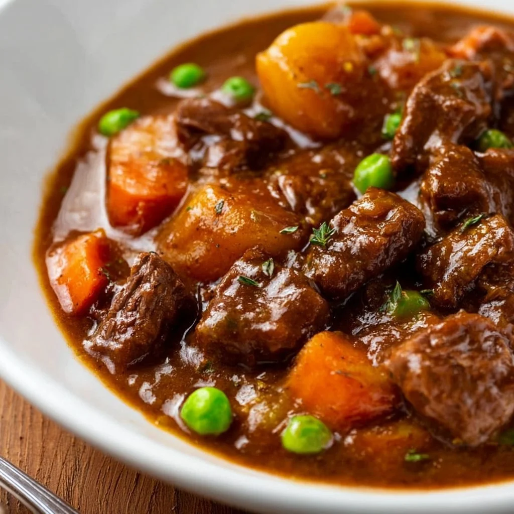 Delicious slow cooker beef stew with vegetables in a bowl