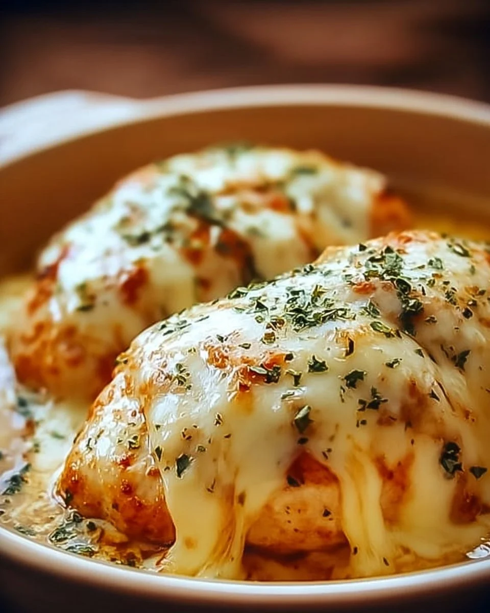 Slow Cooker Cheesy Mozzarella Chicken dish with melted cheese on top