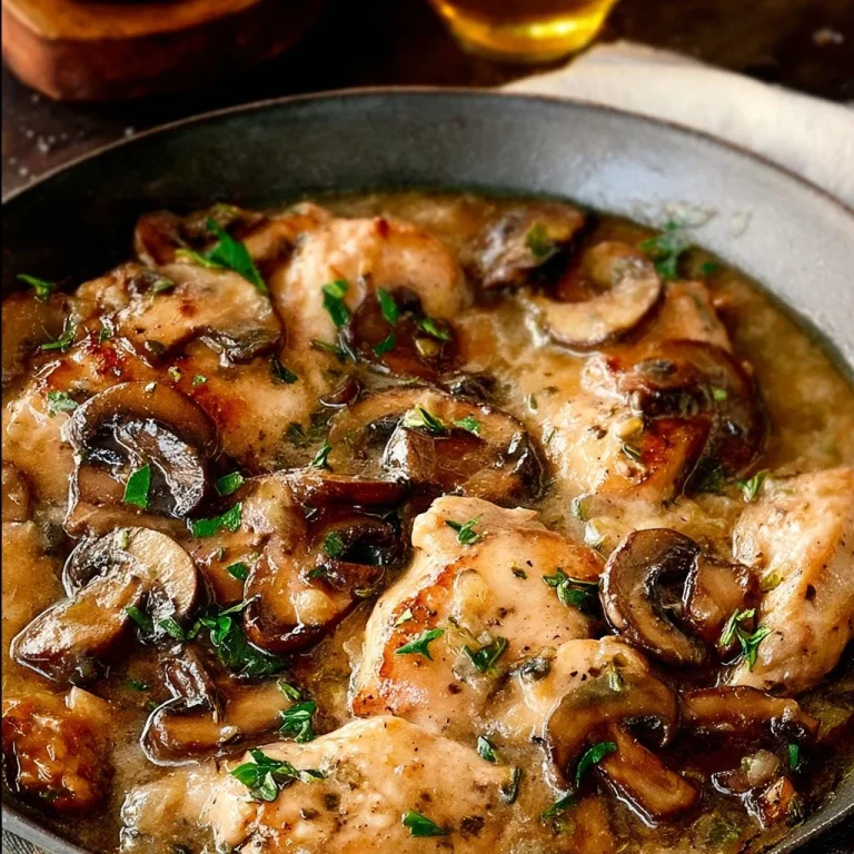 Savory Slow Cooker Chicken Marsala with mushrooms and herbs in a bowl.