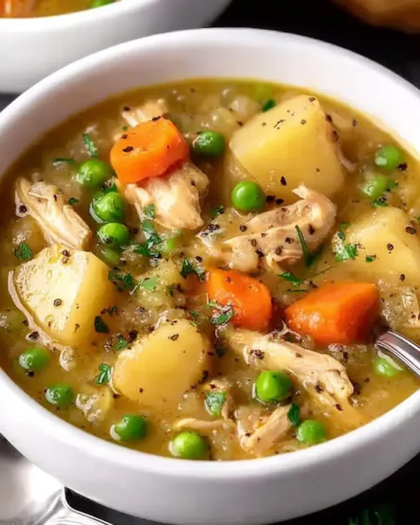 A bowl of slow cooker chicken stew with vegetables and herbs.