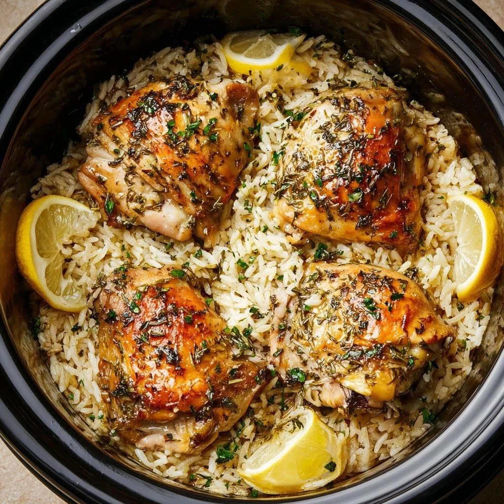 Delicious slow cooker lemon herb chicken served with fresh herbs and lemon slices.