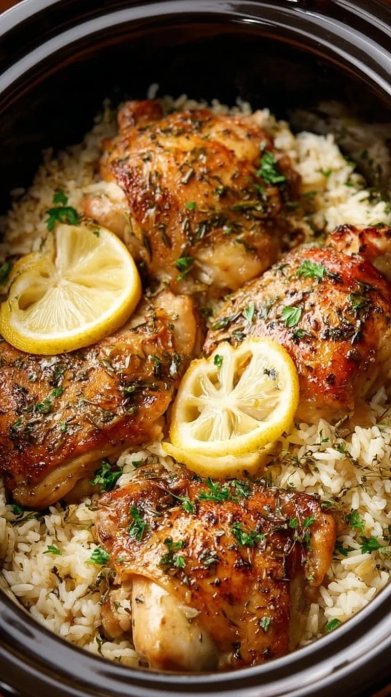 Slow Cooker Lemon Herb Chicken served with fluffy rice in a bowl