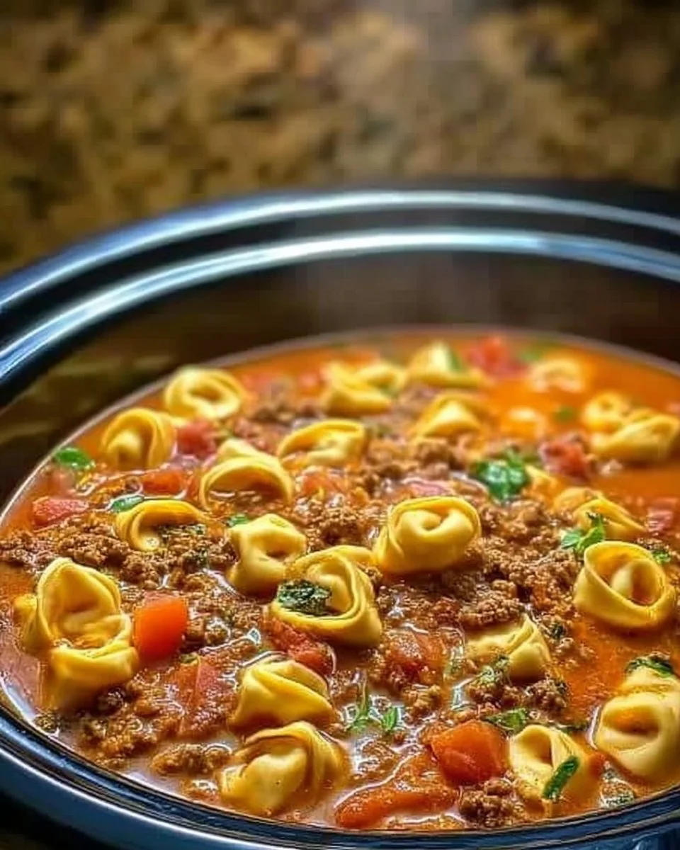 Bowl of slow cooker tortellini soup with fresh herbs and vegetables.