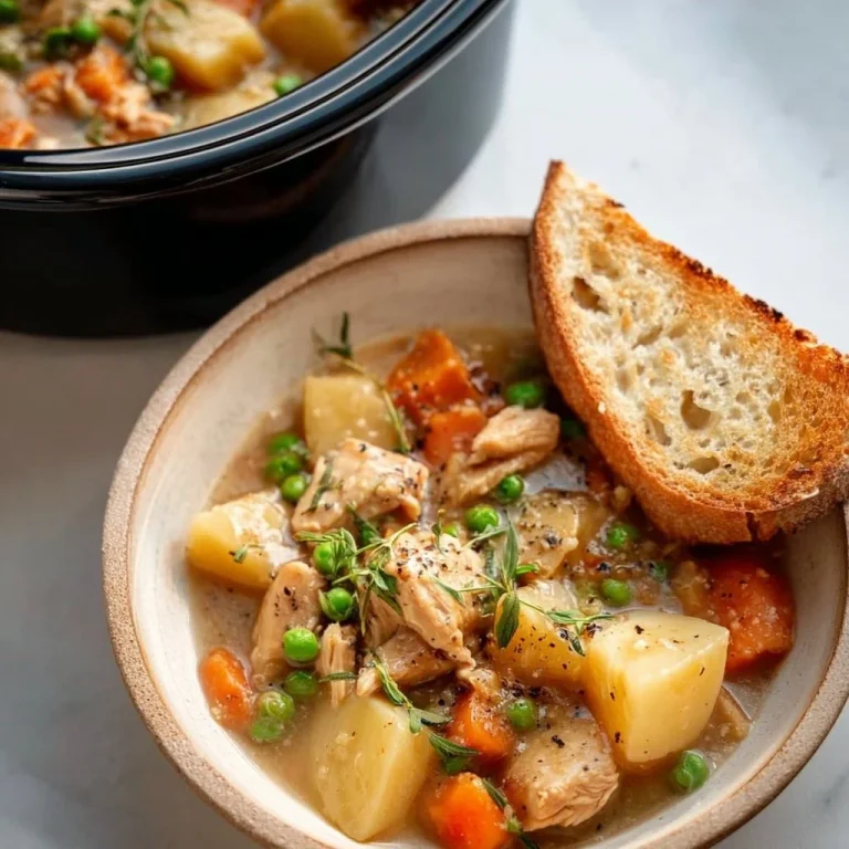 Delicious slow cooker white wine chicken stew with fresh herbs and vegetables.