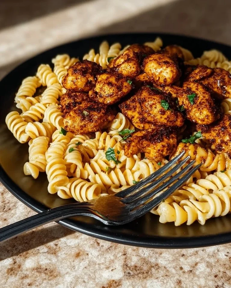 Smoky Cajun chicken bites served with creamy Parmesan rotini dish