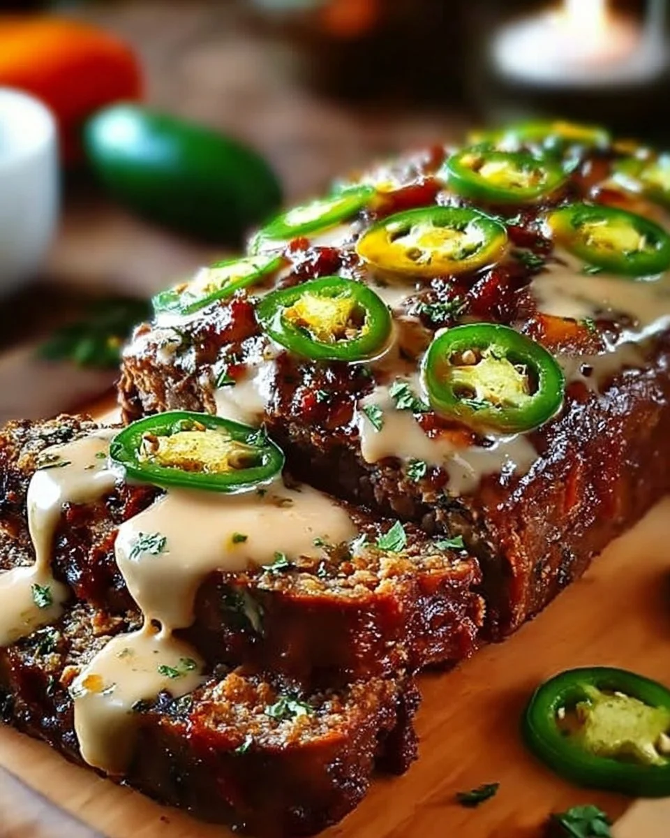 Delicious jalapeño popper meatloaf topped with ranch dressing