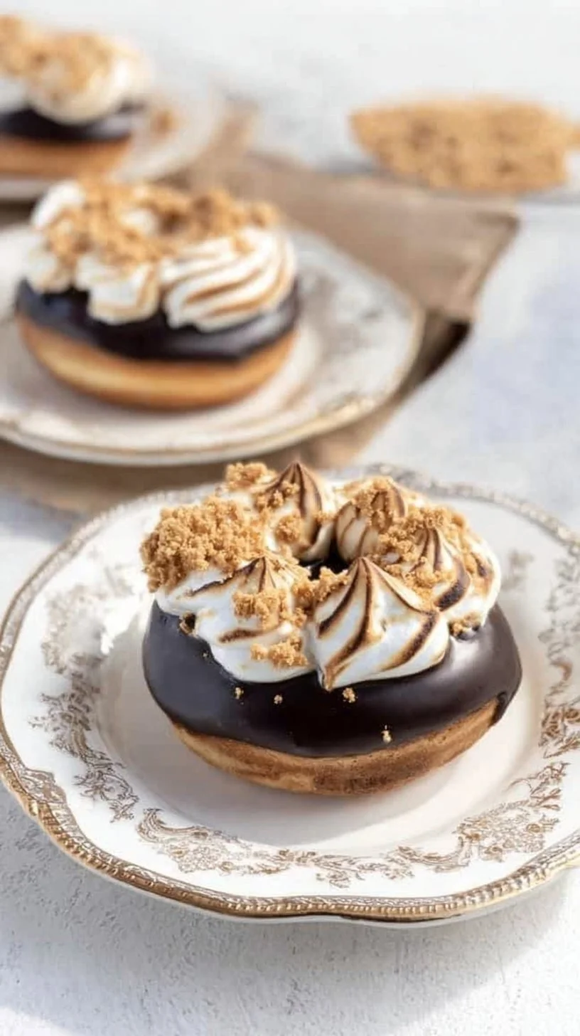 Homemade S'Mores Doughnuts with rich chocolate glaze and graham cracker topping.
