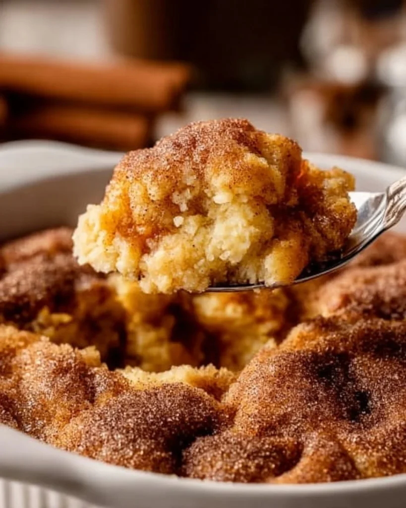 Delicious Snickerdoodle Cobbler dessert topped with cinnamon and sugar.