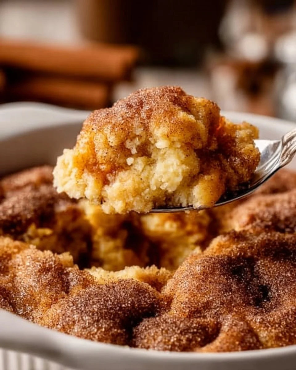 Delicious Snickerdoodle Cobbler dessert topped with cinnamon and sugar.