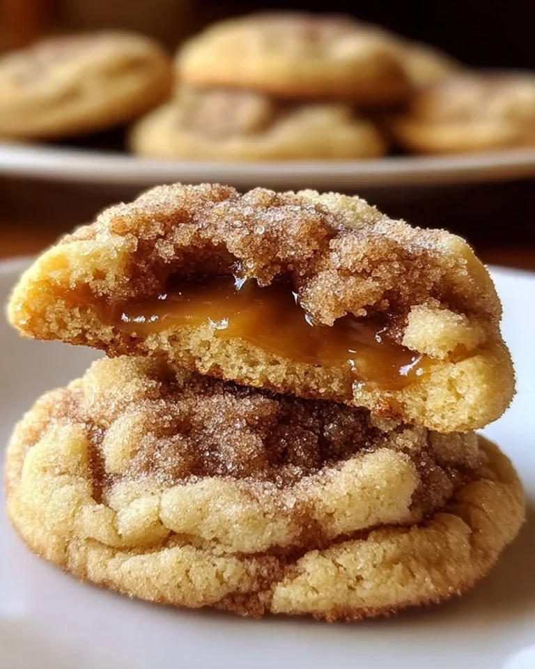 Freshly baked soft caramel cookies stacked on a plate