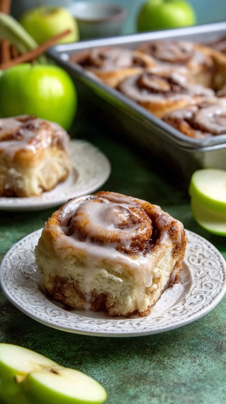 Delicious soft gooey apple cinnamon rolls with icing and fresh apples.
