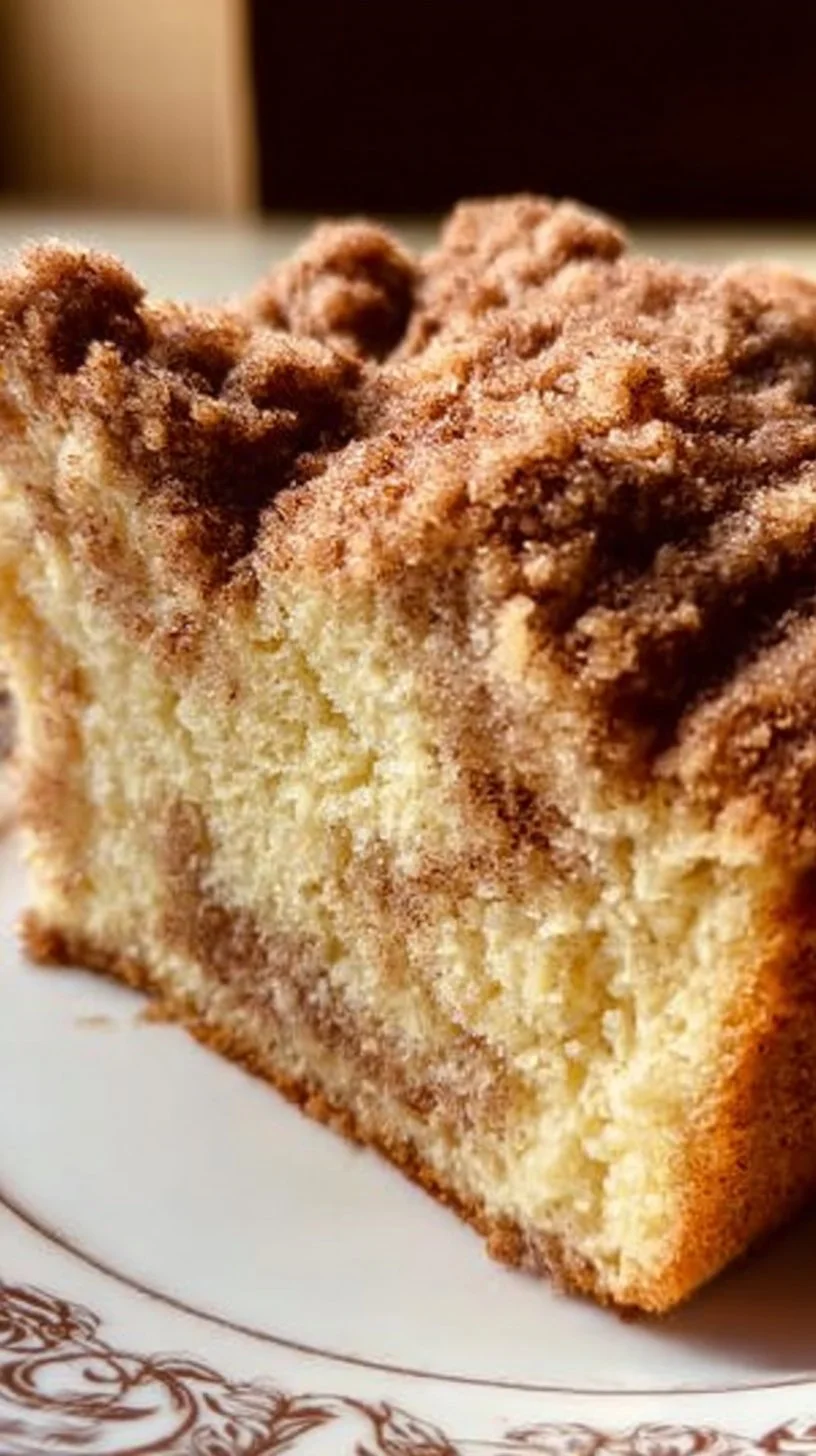 Delicious sour cream coffee cake on a plate garnished with fresh berries