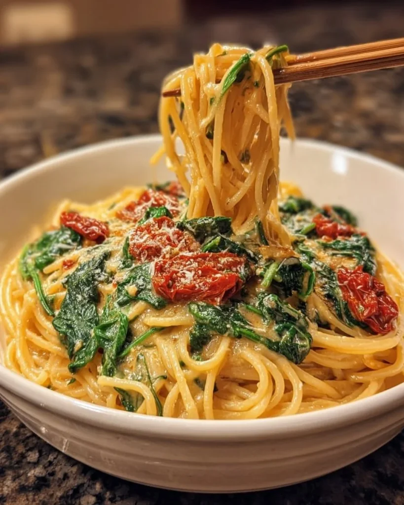 Delicious spaghetti spinach in sun-dried tomato cream sauce