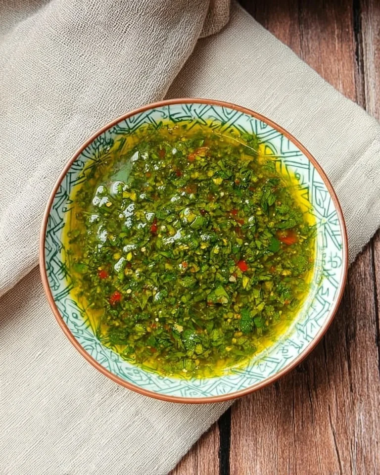 Speedy chimichurri sauce in a bowl with herbs and garlic, perfect for grilling.