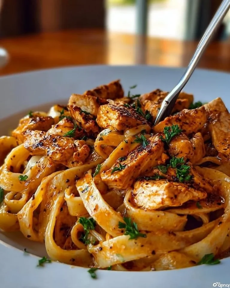 Spicy Cajun Chicken Fettuccine in creamy garlic sauce served on a plate