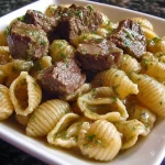 Steak Bites with Creamy Garlic Parmesan Shell Pasta