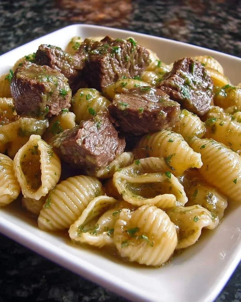 Delicious steak bites served with creamy garlic parmesan shell pasta