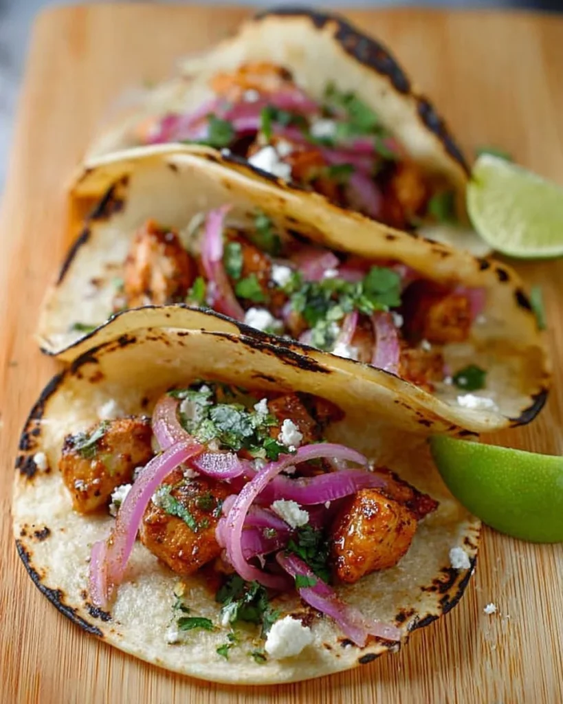 Delicious sticky lime honey chicken tacos served in a colorful platter