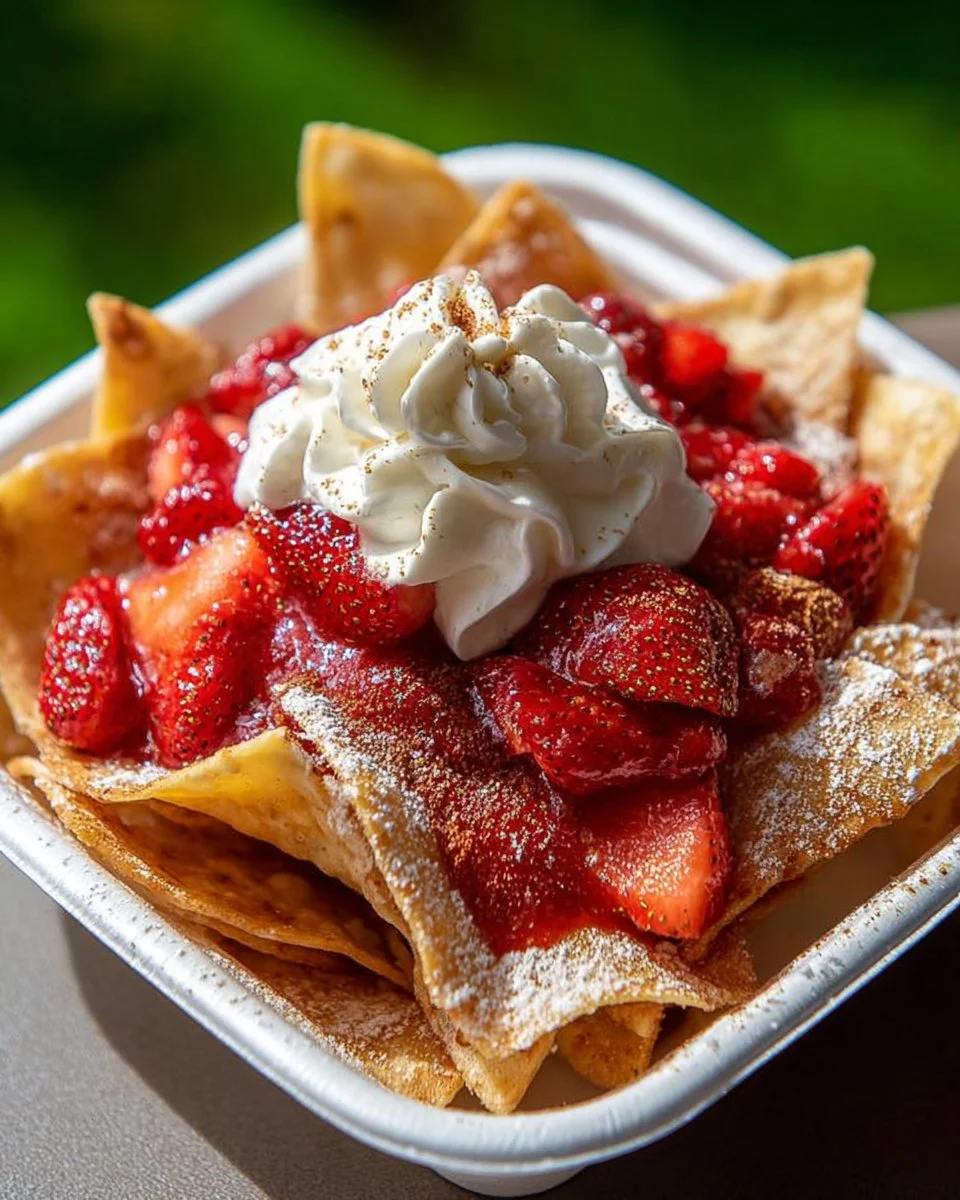 Strawberry cheesecake nachos topped with fresh strawberries and cream.