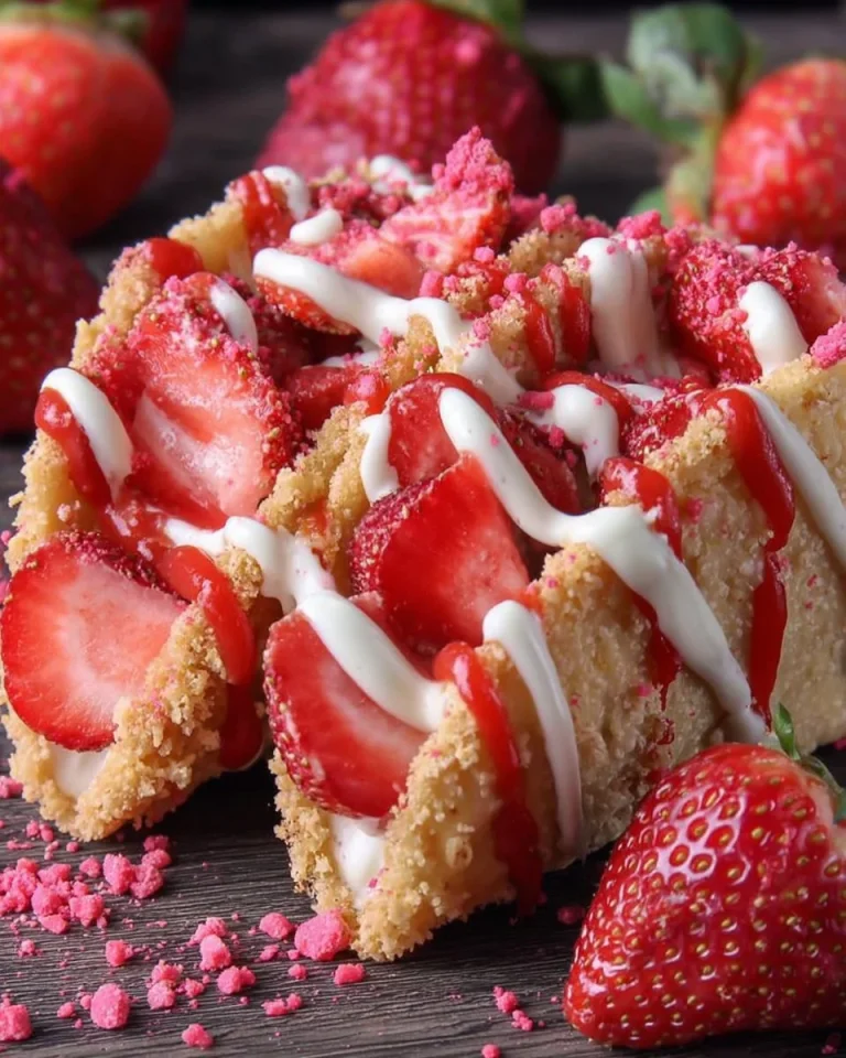 Strawberry Crunch Cheesecake Tacos with creamy filling and crunchy topping