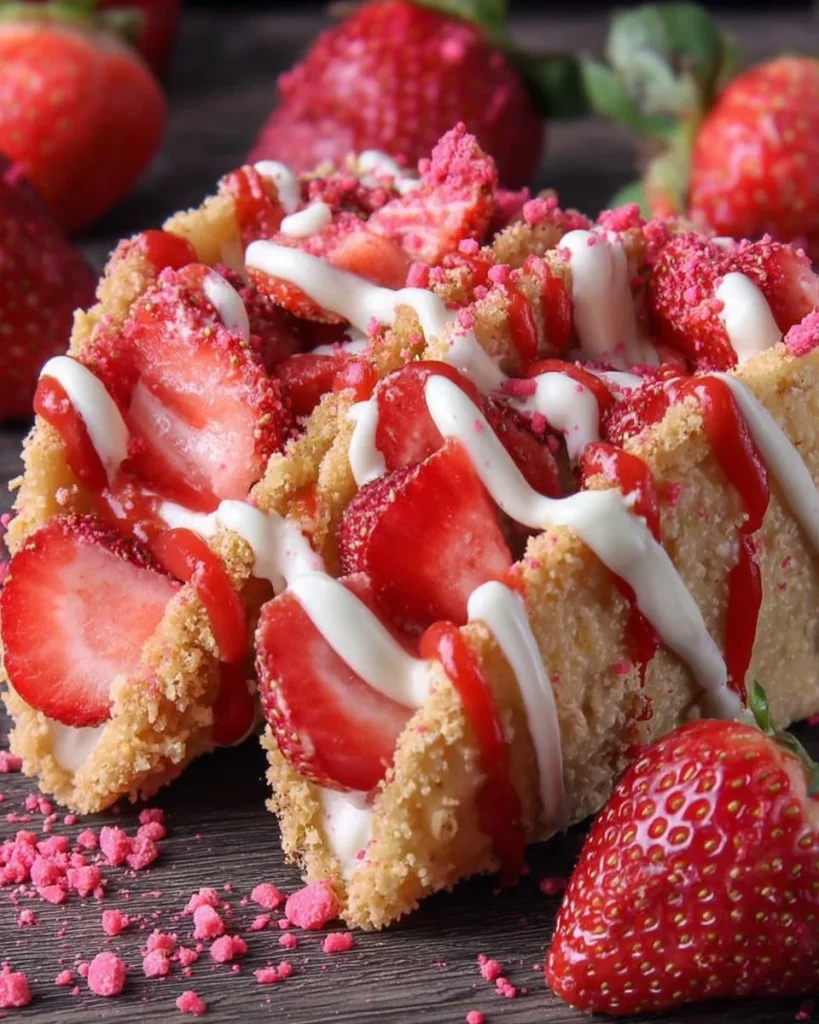 Strawberry Crunch Cheesecake Tacos with creamy filling and crunchy topping