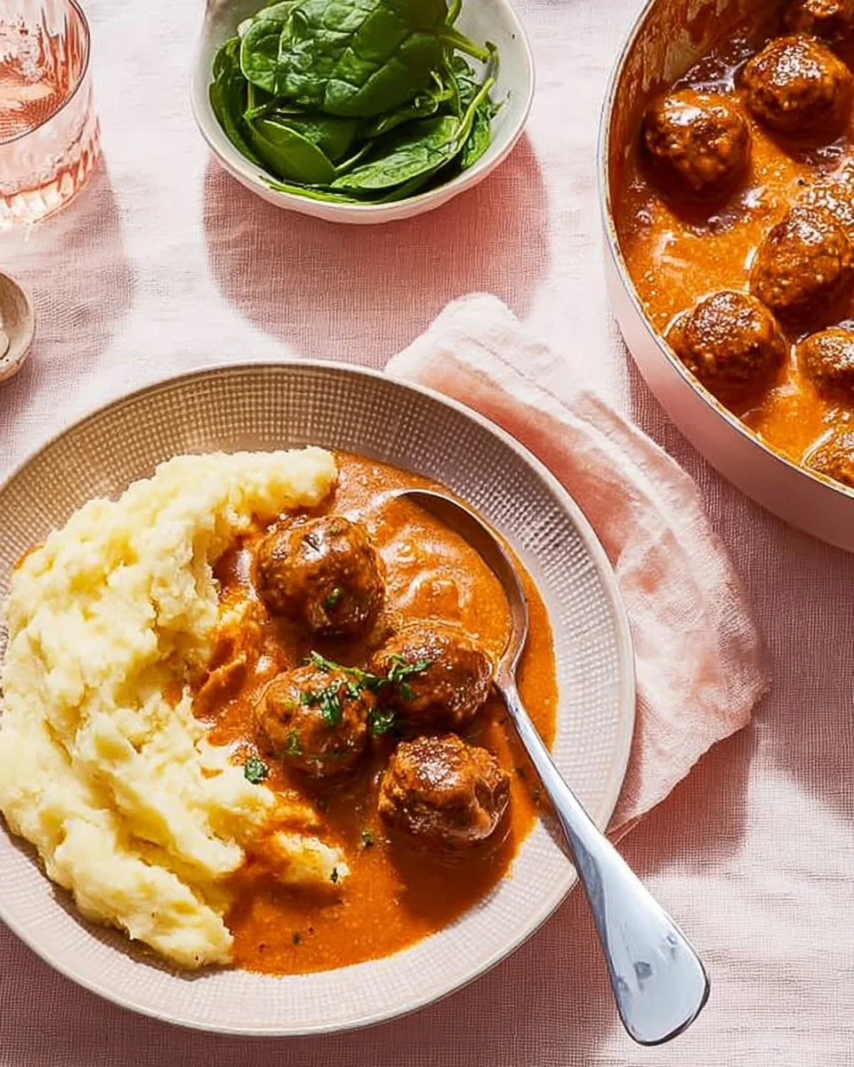 Stroganoff Meatballs & Mash served on a plate, garnished with fresh herbs