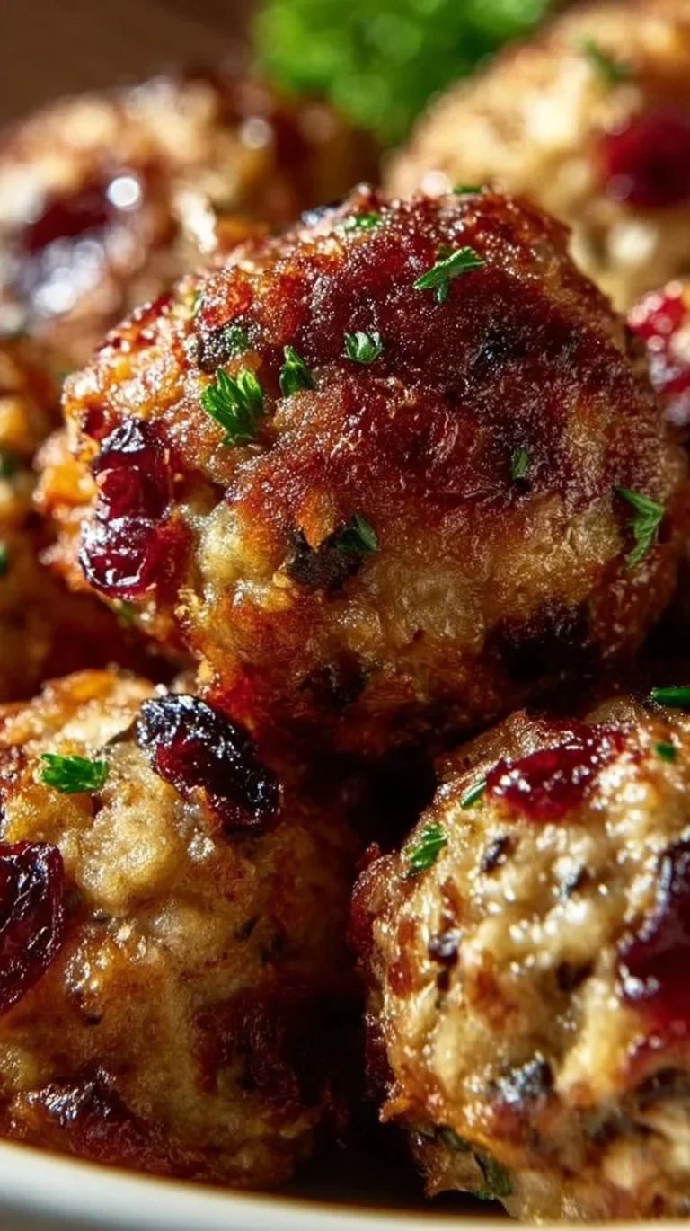 Homemade stuffing balls ready to serve at a festive dinner table.