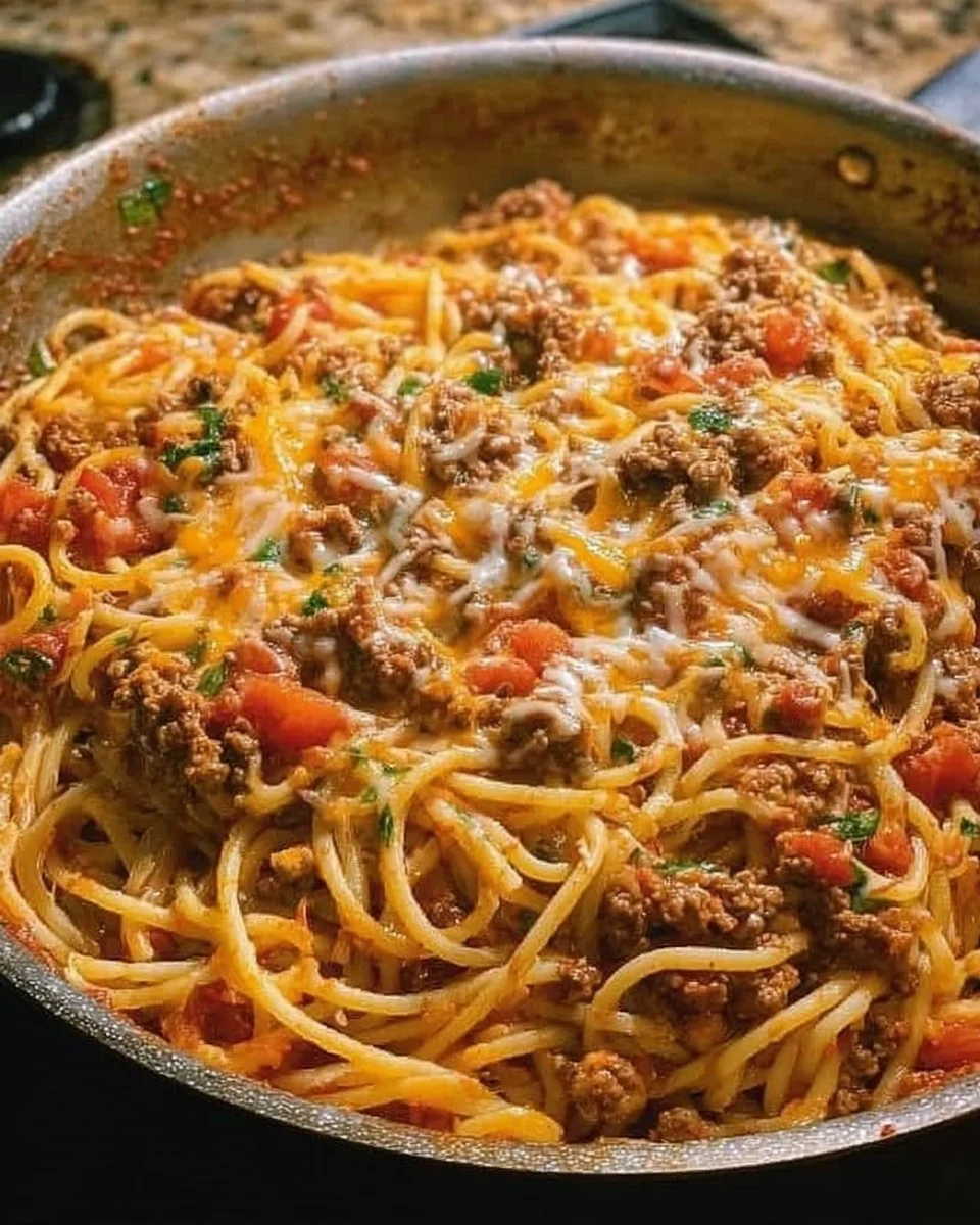A bowl of Taco Spaghetti topped with cheese and herbs, showcasing a delicious fusion dish.