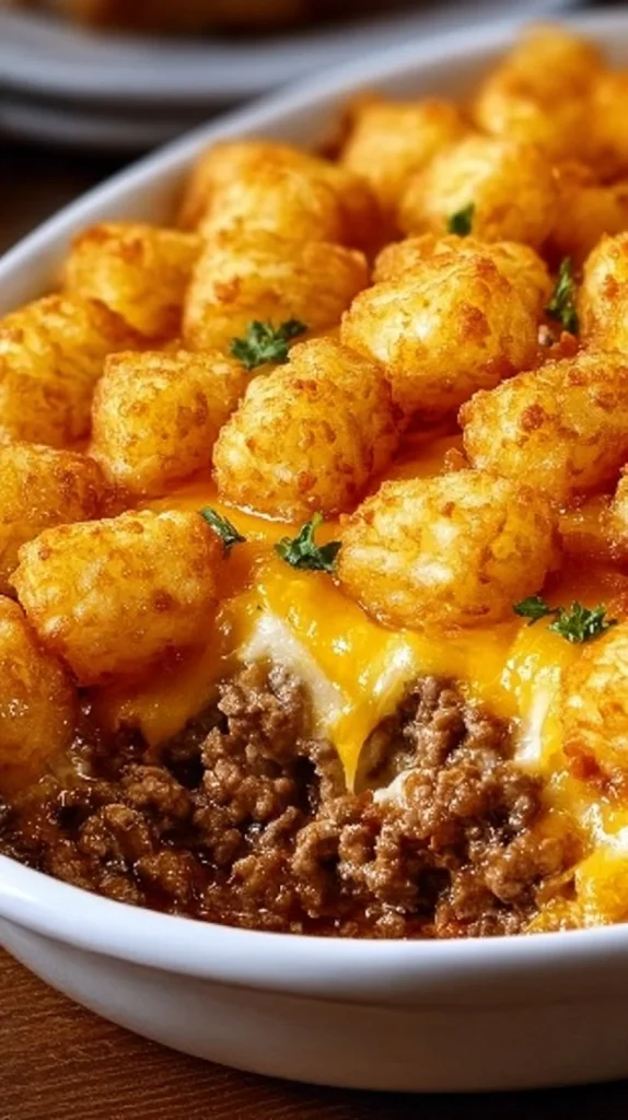 Delicious tater tot casserole topped with crispy tater tots and cheese
