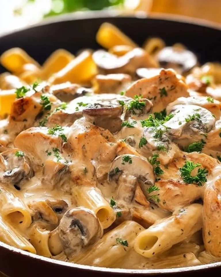 Plate of tender chicken pasta with mushrooms in creamy sauce