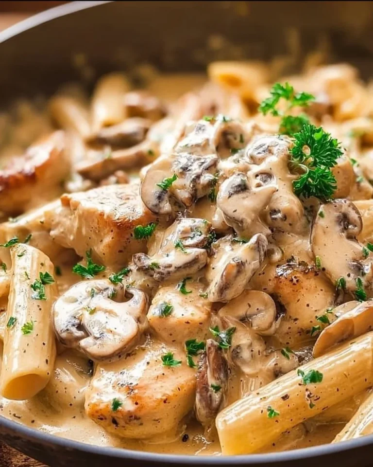 Creamy chicken pasta with mushrooms in a delicious sauce