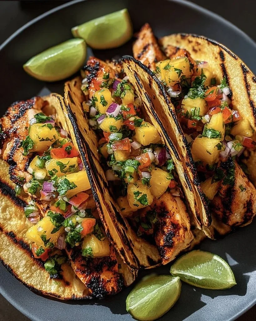 Delicious teriyaki chicken tacos topped with fresh pineapple.