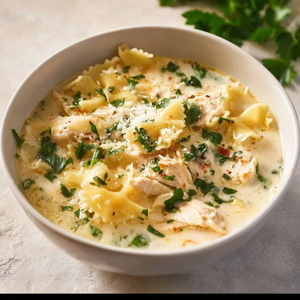 A bowl of creamy white lasagna soup with tender chicken and pasta layers.