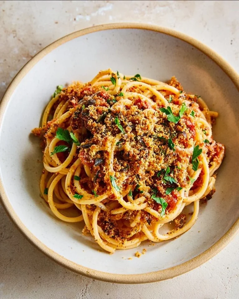 A plate of Tomato Sardine Spaghetti topped with crispy breadcrumbs