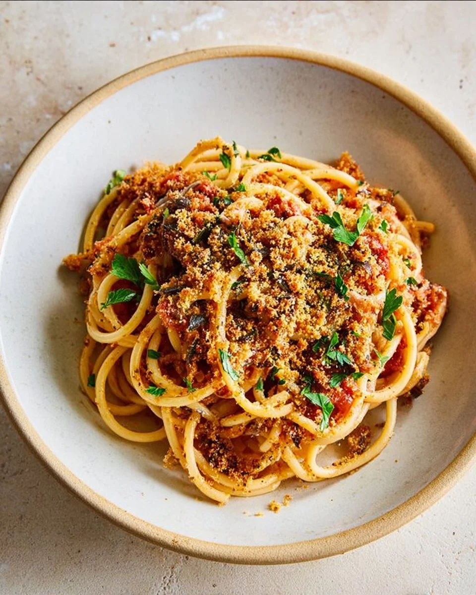 A plate of Tomato Sardine Spaghetti topped with crispy breadcrumbs
