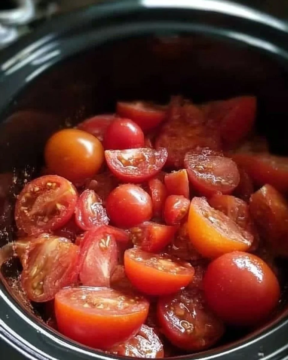 A bowl of rich tomato soup garnished with fresh basil and cream.
