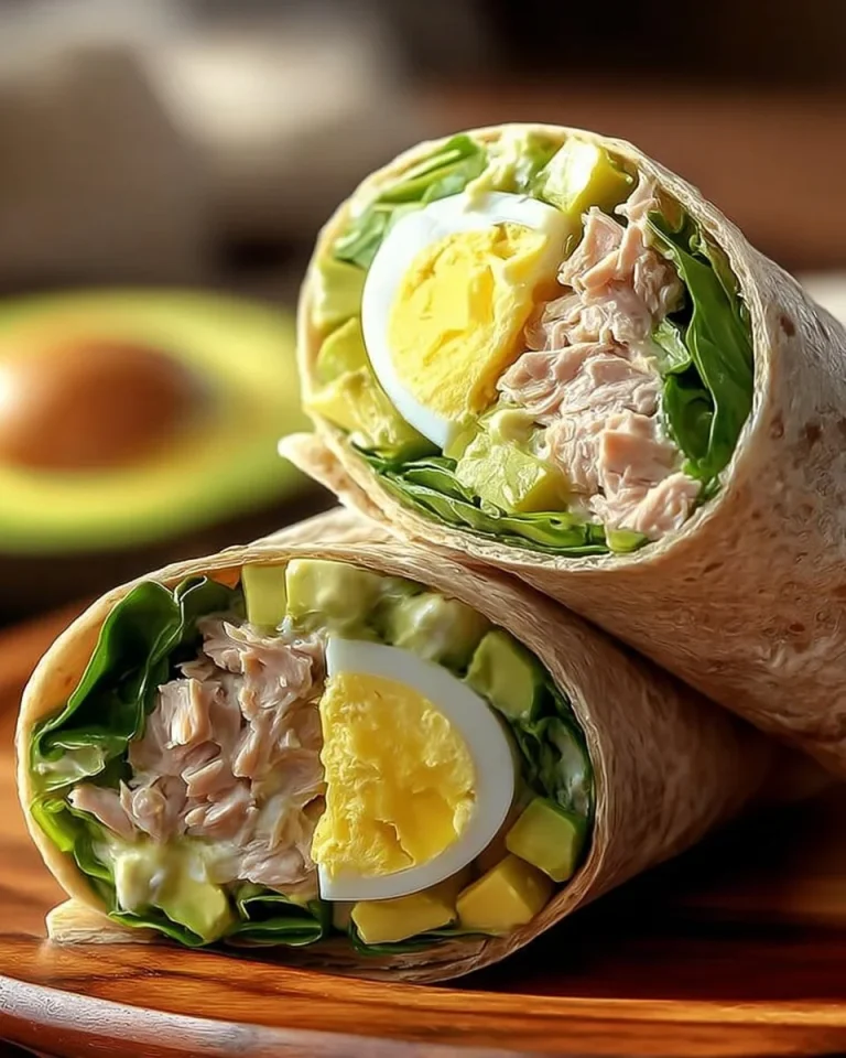 Tuna Avocado Egg Wrap served on a plate with fresh ingredients.