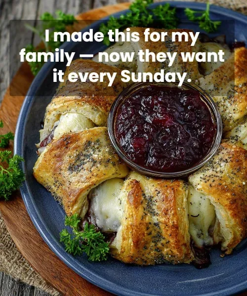 Turkey Crescent Roll Ring served on a platter with garnishing