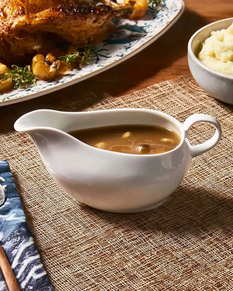 Delicious homemade turkey giblet gravy served in a bowl