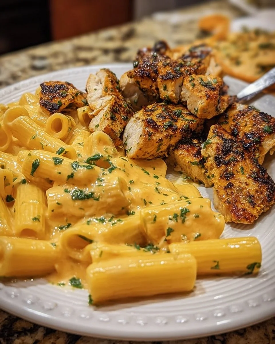 Plate of Velveeta Chicken Rigatoni in Four-Cheese Sauce with herbs.