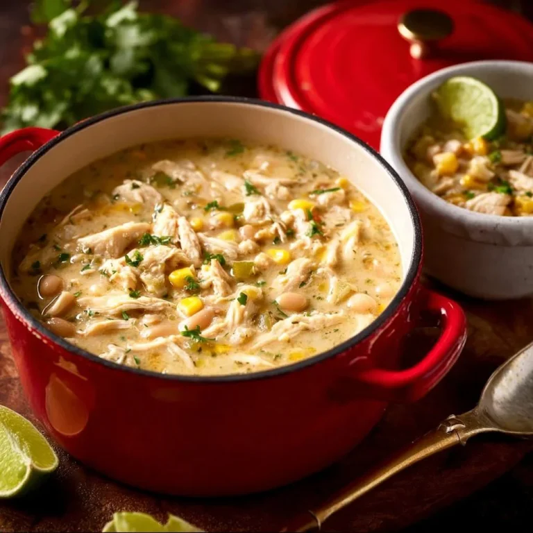 Bowl of delicious White Chicken Chili topped with fresh cilantro and diced green onions.