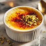 White Chocolate Lavender Brûlée with Pistachio Shatter