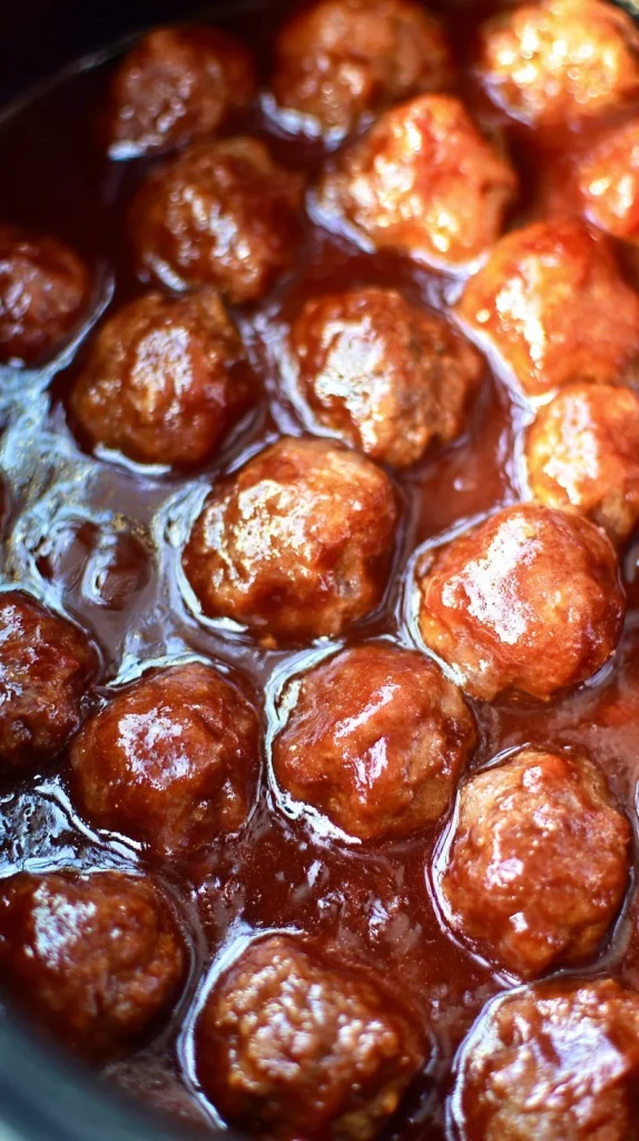 Delicious 3 ingredient sweet and spicy Crock Pot meatballs served in a bowl