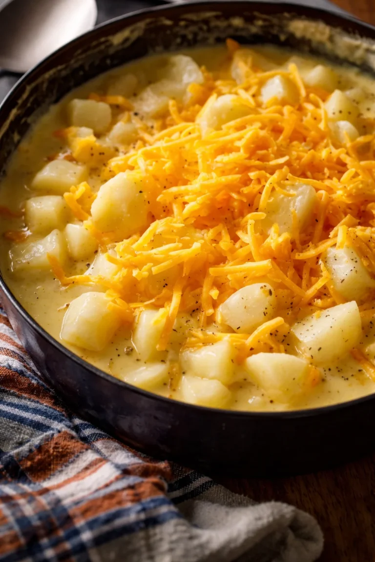 Creamy 4-Ingredient Cheddar Potato Soup served in a bowl with toppings