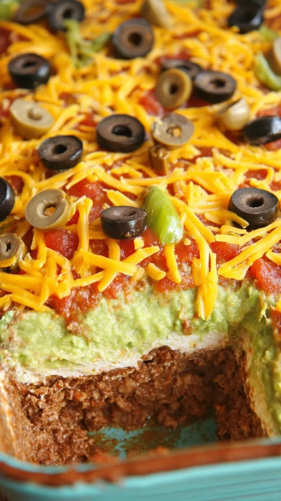 Delicious 7 Layer Taco Dip served in a bowl with toppings