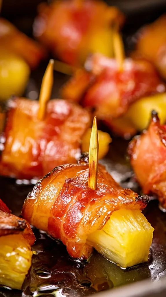 Air fryer bacon wrapped pineapples served on a plate as a delicious appetizer